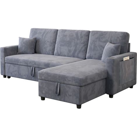 Sofá de Esquina Convertible Modular con Almacenaje, Puertos USB y Type-C, Portavasos, Pana Gris (1/5)