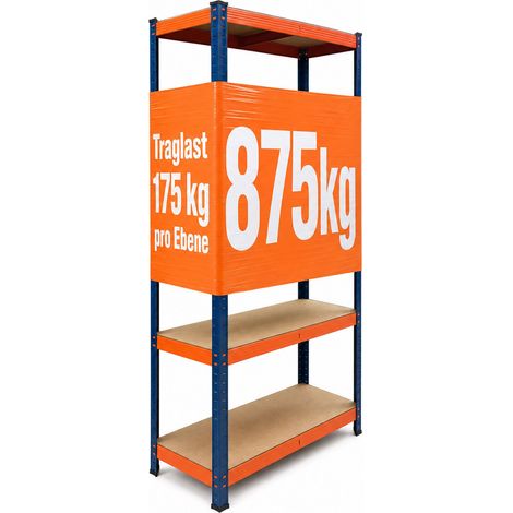 Relaxdays Schwerlastregal, HBT: 180x60x30 cm, Traglast 875 kg, 5 MDF-Ebenen, Lagerregal Keller, zum Stecken, blau-orange (1/5)