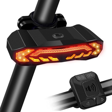 Luz trasera inteligente 5 en 1 para bicicleta, recargable por USB: intermitentes, luz de freno automática, bocina eléctrica y alarma antirrobo. (1/5)
