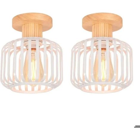 Plafonnier Vintage - - 18CM - Métal Cage - Bois Blanc - Éclairage Rétro (1/5)