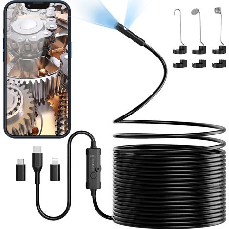Caméra endoscopique double objectif 1920p HD — Inspection de canalisations, étanche IP67, 8+1 LED, câble semi-rigide 10 m, compatible Android/iOS (égouts & tuyaux) (1/5)