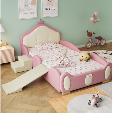 Kinderbett Polsterbett PU Rosa/Beige 90x200 cm mit LED-Streifen, Rutsche, Treppe und Holzlattenrost (1/5)