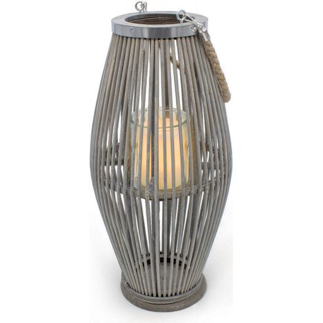 XXL Bambus Laterne shabby grau mit Kerzenglas - 50 x 24 cm - Holz Windlicht mit Jute Seil zum Hängen