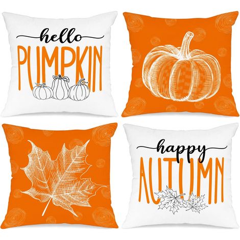 Set mit 4 dekorativen Herbstkissenbezügen 45x45cm, Kürbis-Ahornblatt-Kissenbezüge für Bauernhof-Halloween-Bettwäsche, Orange, 45 x 45 cm (1/5)