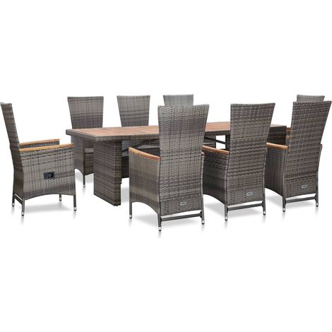 Set de comedor de jardín 9 pzas y cojines ratán sintético gris vidaXL (1/5)