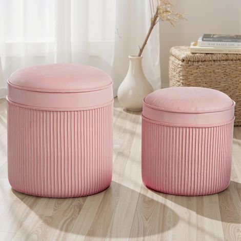 Lot de 2 poufs ronds empilables, grand pouf de rangement 34,8L, tabourets ronds avec couverture en velours, et la chambre, rose