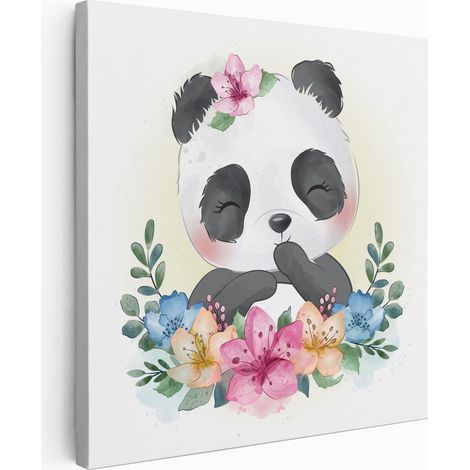 Tableau toile Enfants Carré - Panda Fleurs - 30x30 cm (1/2)