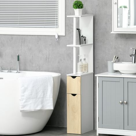 Mueble de baño que ahorra espacio con 2 estantes y 2 armarios, columna de madera para baño o salón, 15,2 x 29,8 x 118 cm, madera natural.