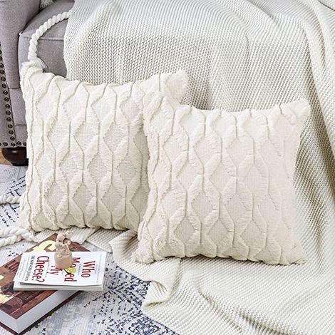Housse de coussin double face en peluche losange, design moderne simple, housse décorative avec rembourrage intérieur blanc crème 45x45cm (1/5)