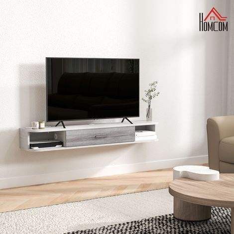 Blanc et gris - Armoire TV murale avec 2 étagères ouvertes et placard à porte pliante, meuble TV en bois, 120x26x16 cm