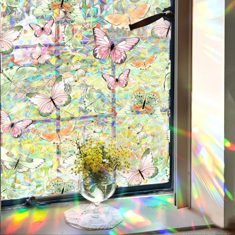 Film de confidentialité pour fenêtre arc-en-ciel 100x43cm - Décalcomanie vitre prisme papillon décoratif, anti-UV, bloque soleil, autocollant statique sans colle (1/5)