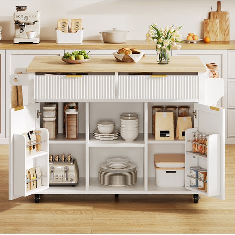Isla de cocina con ruedas 143 x 45 x 89,5 cm, tablero abatible, blanco OKMYHOME (1/5)