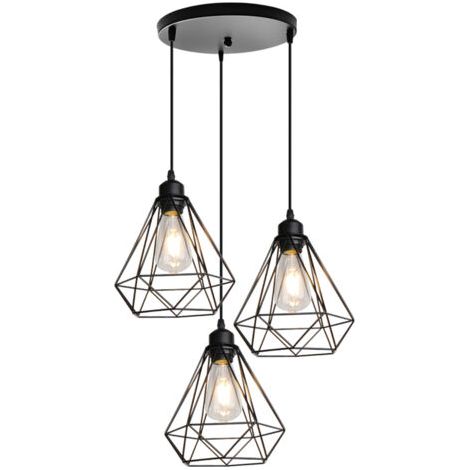 royaluxe- Lampe Suspendue Vintage Plafonnier Rétro En Forme De Cage En Métal 3 Lumières Suspension Luminaire Modernes Douille E27 Noire Pour Cuisine, Balcon (1/5)