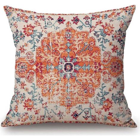 Housse de coussin décorative motif tapis bohème design ethnique 45x45 cm coton lin (1/4)