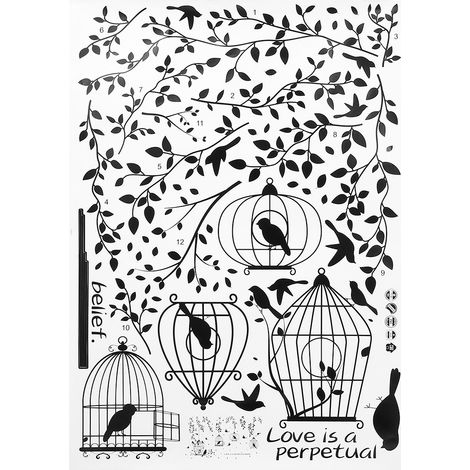Lot de 4 stickers muraux décoratifs en forme de cage à oiseaux noire et de feuille, pour canapé, entrée ou restaurant. (1/4)