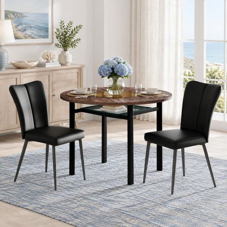 Lot de 3 pièces, table ronde et chaises de salle à manger, plateau MDF effet bois brun Ø100 cm, inserts en verre et assises en cuir régénéré noir, pieds réglables FLORAGRACE (1/5)