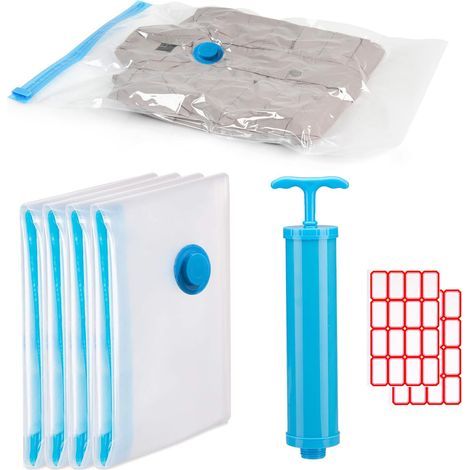 Sacs de Rangement Sous Vide, Sacs Compression,40 60cm Sacs de Compression Réutilisables, Sac de Voyage Sous Vide, Sacs Sous Vide pour Vêtements, Pompe Sous Vide, Étiquettes Autocollantes, 4 Pièces (1/5)