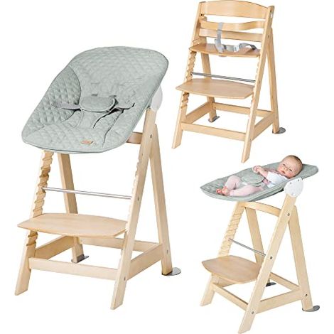 Chaise haute évolutive 2-en-1 - ROBA - BORN UP - Transat inclinable vert givré 'Roba Style' inclus - Bois naturel (1/4)