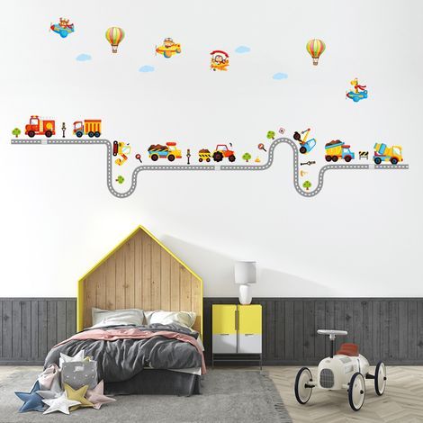 Pegatinas de pared de tráfico para niños (90x30 cm)  Coche, camión, camión de bomberos, vehículo, avión, animales  Pegatina de pared para habitación infantil, habitación de bebé, guardería (1/5)