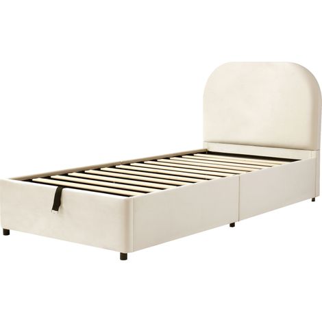 Lit rembourré, lit simple, lit enfant 90 x 200 cm, lit fonctionnel hydraulique, lit avec sommier à lattes, tête de lit et grand espace de rangement, tête de lit rembourrée, velours, beige (1/5)