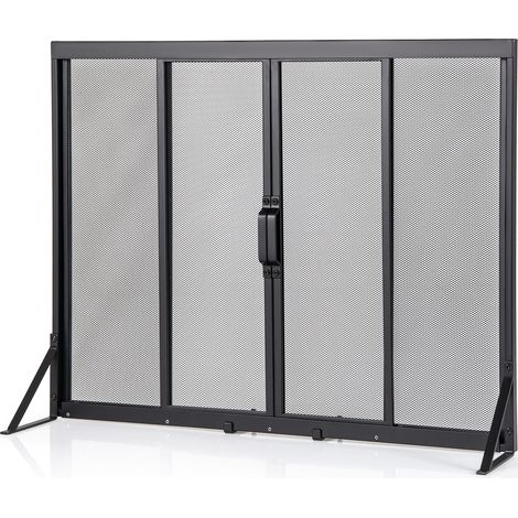 Écran de Foyer avec Portes Coulissantes, Panneau Plat en Maillage Métallique avec Cadre de Support Triangulaire 89 x 72 CM pour Salon, Noir (1/5)