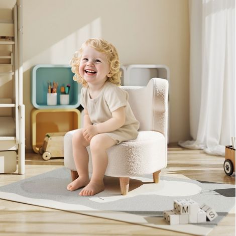 MEUBLIV Sillón infantil beige con orejas de oso, tapizado polar, espuma y patas de madera (1/5)