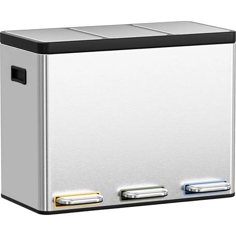 Poubelle, Acier Inoxydable, 3 Compartiments, Argent, 3x 15L (45L) (1/2)