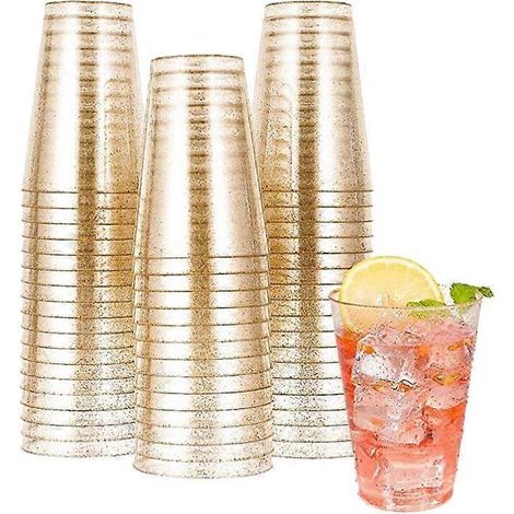 Lot de 50 gobelets jetables en plastique doré à paillettes de 28 cl, transparents, pour les fêtes. (1/5)