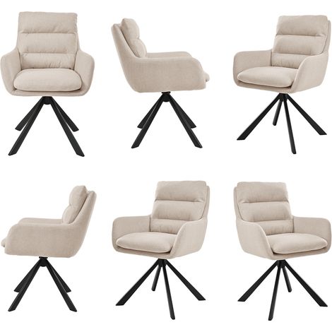 Bon Furni Webstoff Esszimmerstuhl Beige, 6er Set, 360° drehbar, mit segmentierter Rückenlehne, Armlehnen & robuster Metall-Beine