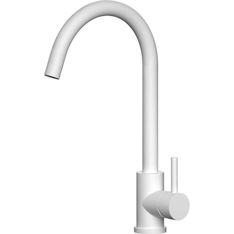 Robinet mitigeur bec haut laqué blanc mat. Hauteur totale depuis la base 36,5 cm. Idéal pour éviers de cuisine ou lavabos hauts type bol. Pièces de rechange garanties (1/5)