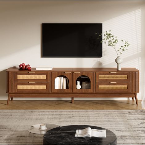 Mobile TV 180 cm con LED tramite app, 4 cassetti, porte in vetro temperato, noce OKMYHOME (1/5)