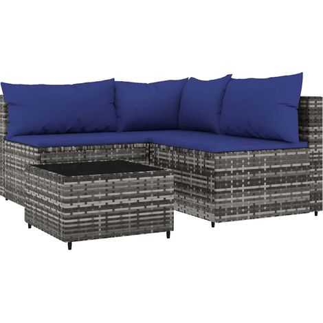 Gartenmöbelset 4 Teile mit Kissen Grau Geflochtene Rattan