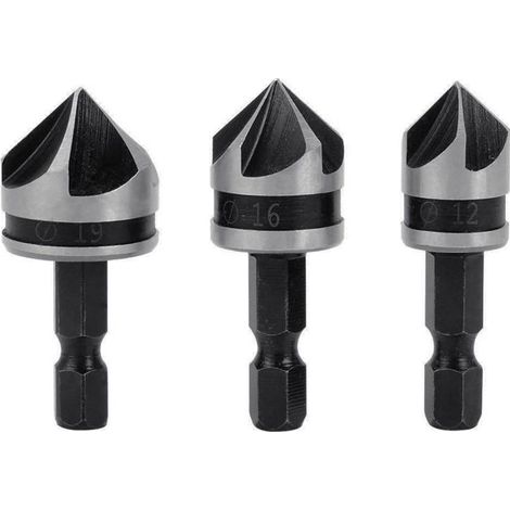 Fraises à chanfreiner coniques - VANGUARDIS - Lot de 3 pièces - 12 mm, 16 mm, 19 mm - Angle 90° - Tige hexagonale 1/4" (1/5)