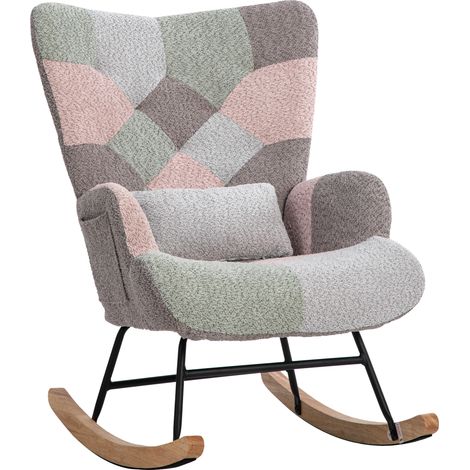 Fauteuil à balançoire confortable, H93 cm, largeur siège 43 cm, avec pied d’appui (49×38×37 cm) et coussin de dos, structure en bois de caoutchouc stable, design multicolore. (1/5)