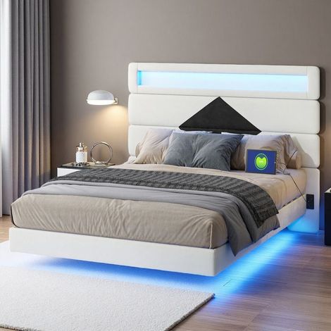Lit 140x190 cm, avec LED, contemporain, lit double, cadre de lit 140x190 cm, 250 kg, tissu de velours, beige