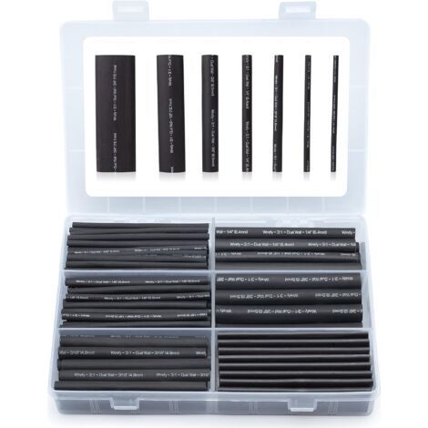 180 Pièces Kit de Gaine Thermorétractable Etanche Noire - 3:1 Tube Thermoretractable à double paroi - Revêtement adhésif - Gaine Thermo (1/5)