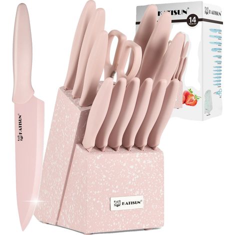 Juego de cuchillos de cocina, hojas de acero al carbono, mangos ergonómicos, color rosa. (1/5)