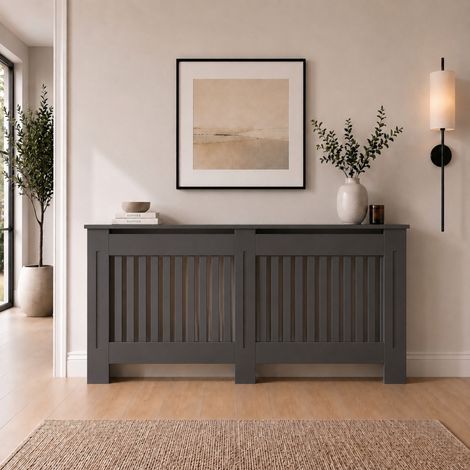 Radiator Cover Extra Large Anthracite Grey Modern Vertical Slat MDF Cabinet with Display Shelf 1720x815x190mm (1/5)