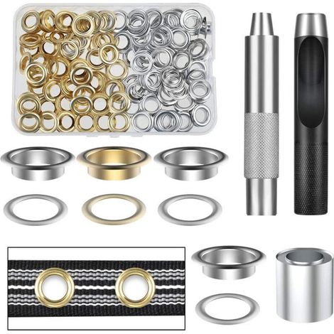 Kit d’outils avec rivets – 100 pièces de 12 mm, couleurs or et argent – Pour bâches, tissus, cuir, carton et banderoles publicitaires (1/5)