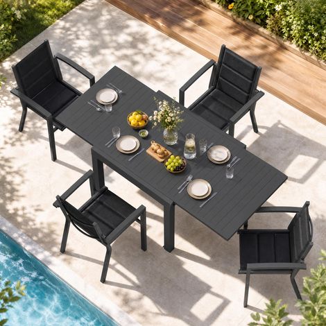 Salon de Jardin Extérieur avec 4 Fauteuils et 1 Table en Aluminium Extensible pour 4 Personnes, Robuste, Durable et Facile à Nettoyer, Idéal pour Terrasse, Jardin et Espace Extérieur (1/5)