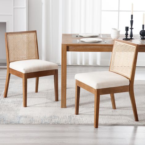 Wahson 2er-Set Esszimmerstuhl aus Leinenstoff, Retro Massivholzrahmen mit natürlicher Rattan Rückenlehne weichem für Esszimmer Küche Wohnzimmer, Braun (1/5)