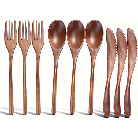 Ensemble de 9 pièces portable couverts Ensemble bois cuillère, fourchette, couteau pour cuisine, maison, café, restaurant (1/5)