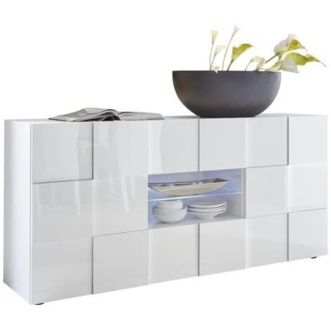 Buffet MILANO - Décor blanc laqué brillant - 2 portes 2 tiroirs - L181 x P43 x H84 cm (1/5)