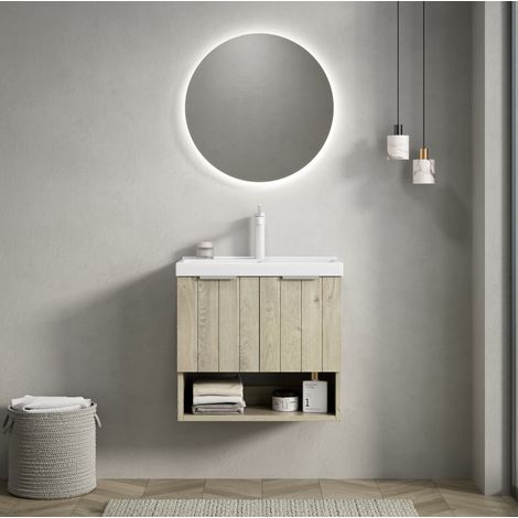 Mueble de baño con lavabo suspendido 55 cm moderno, lavabo integrado de cerámica, 2 puertas y estante abierto, roble crema y blanco (1/5)