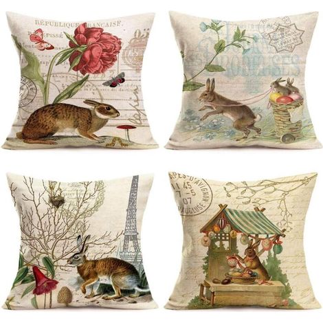 Lot de 4 taies d'oreiller en Coton et Lin Motif Pot de Fleurs artificielles 3D Peinture à l'huile Art Décoratif Maison Bureau Taie d'oreiller Coton Lin 45,7 x 45,7 cm 18"x18" Vintage Rabbit (1/5)