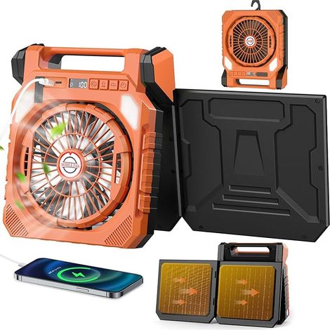 Ventilateur de Camping,Ventilateur Solaire con Batterie 20000mAh Rechargeable,2 Panneaux Solaires,Lumière LED,Lampe torche,Secouant la tête,Affichage Numérique,Minuterie pour Pêche Randonnée Voyage (1/5)
