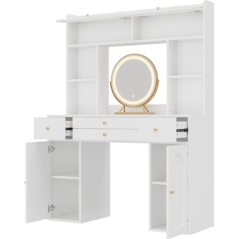 Coiffeuse LED blanche avec miroir rond, 4 tiroirs, 4 étagères ouvertes, 2 armoires vitrées, 120 x 40 x 160 cm (1/5)