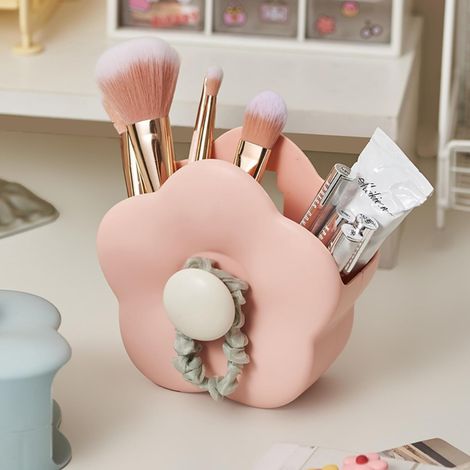 Boîte de rangement pour pinceaux de maquillage, forme de fleur - Organisateur multifonctionnel (13,9 cm x 13,5 cm x 8 cm) Rose (1/4)