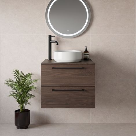 Napoli 460 Brown Oak 600mm Wall Mounted 2 Drawer Vanity Unit for Countertop Basins - 600mm - Matt Black 320mm Handle