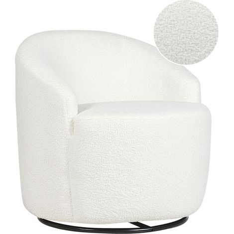 Fauteuil Courbe Glamour Art Déco Bouclé Blanc Base Noire Ronde 360° Rotation Davik (1/5)